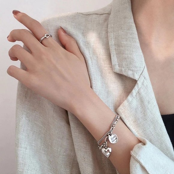 *925 Sterling Silver Heart Link Chain Bracelet B - Picture 7 of 12